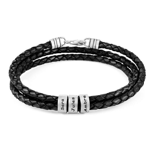 Pulseira Masculina de Couro Preto – Personalizável com Acabamentos em Prata ou Ouro 